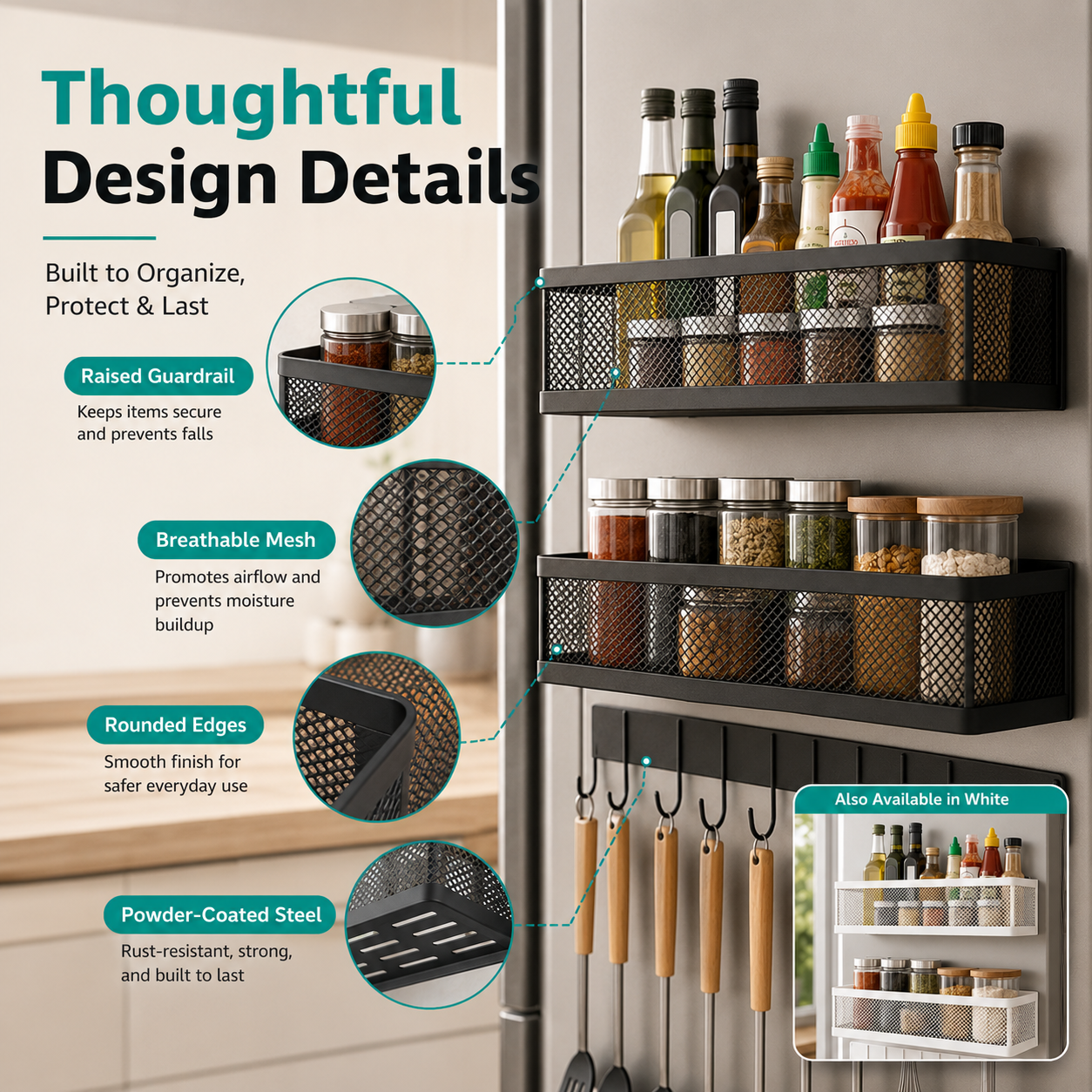 MagmaRack Kitchen Organizer | Magnetic Spice Rack with Hooks, Heavy-Duty Metal 4
