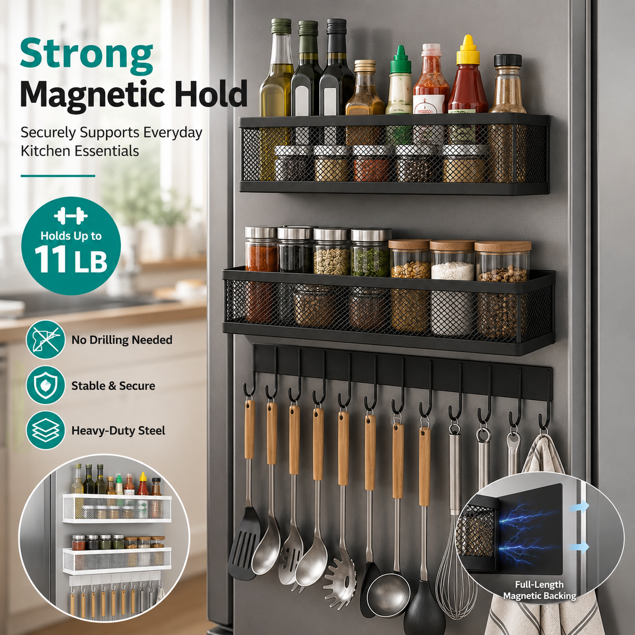MagmaRack Kitchen Organizer | Magnetic Spice Rack with Hooks, Heavy-Duty Metal 6