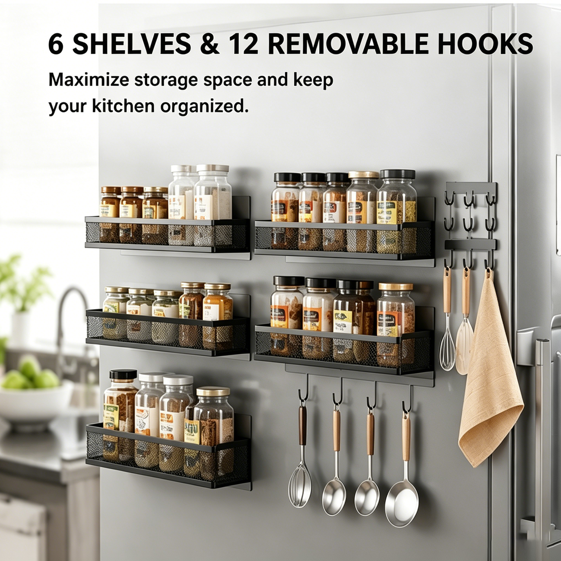 MagmaRack Kitchen Organizer | Magnetic Spice Rack with Hooks, Heavy-Duty Metal 7