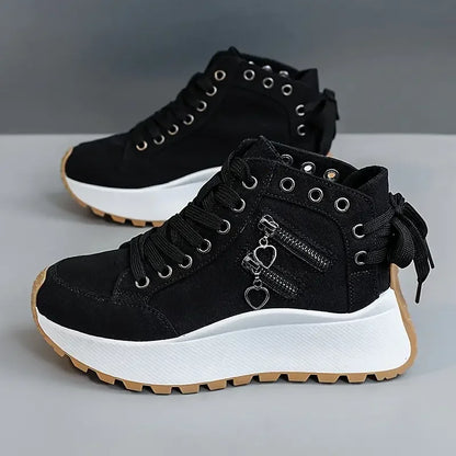 Sneakers in denim Norla — Scarpe casual con plateau chunky, zip e dettagli a fiocco
