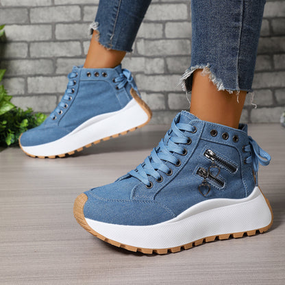 Sneakers in denim Norla — Scarpe casual con plateau chunky, zip e dettagli a fiocco