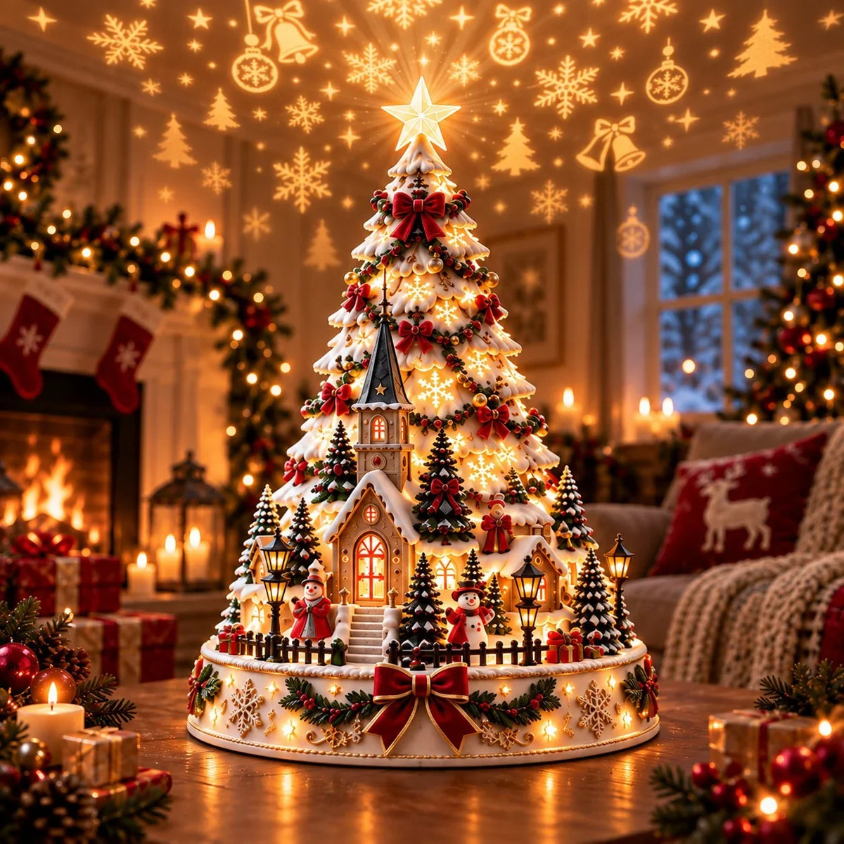 Merrin Christmas Village Tree | Warm Ivory, Red, Green, Antique Gold 0