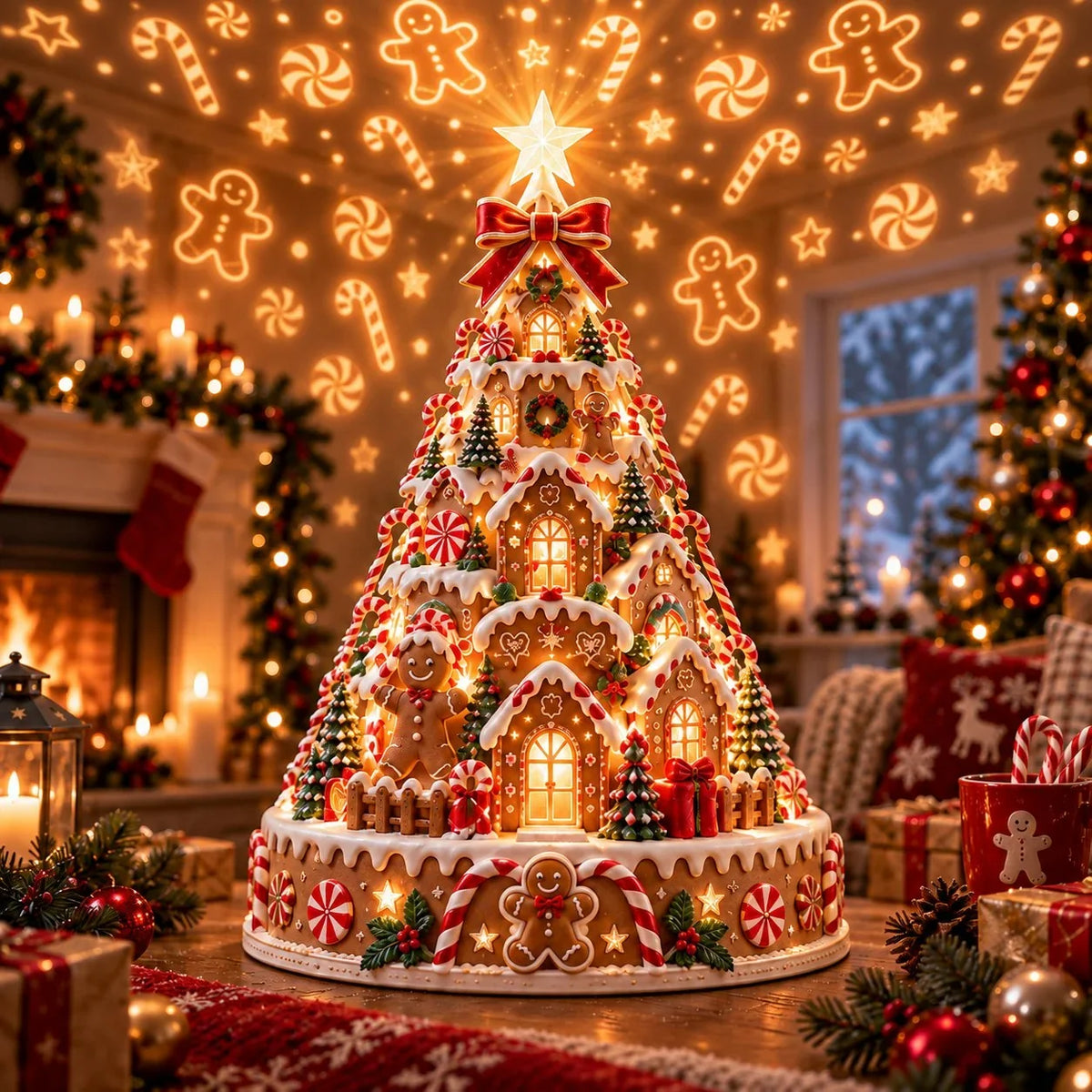 Merrin Christmas Village Tree | Warm Ivory, Red, Green, Antique Gold 10