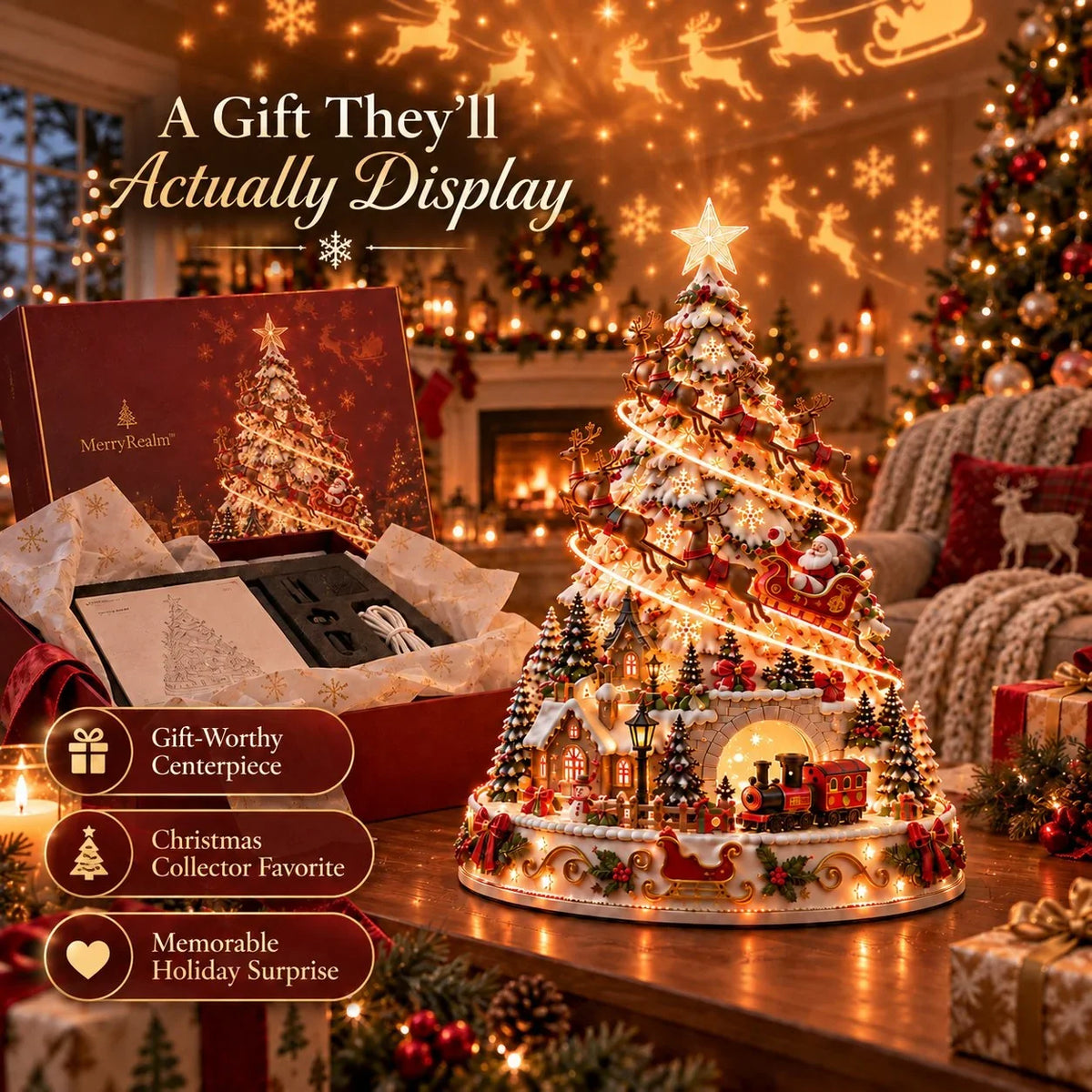 Merrin Christmas Village Tree | Warm Ivory, Red, Green, Antique Gold 2