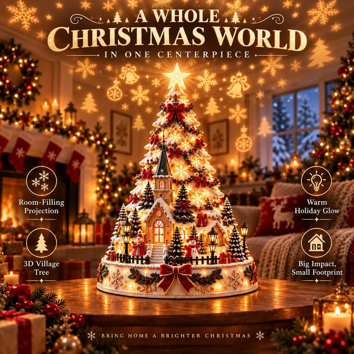 Merrin Christmas Village Tree | Warm Ivory, Red, Green, Antique Gold 3