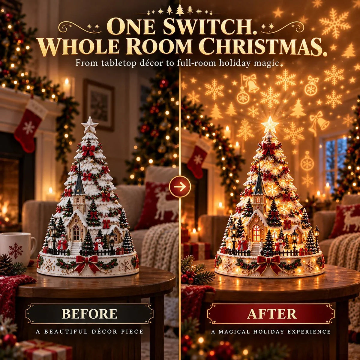 Merrin Christmas Village Tree | Warm Ivory, Red, Green, Antique Gold 4
