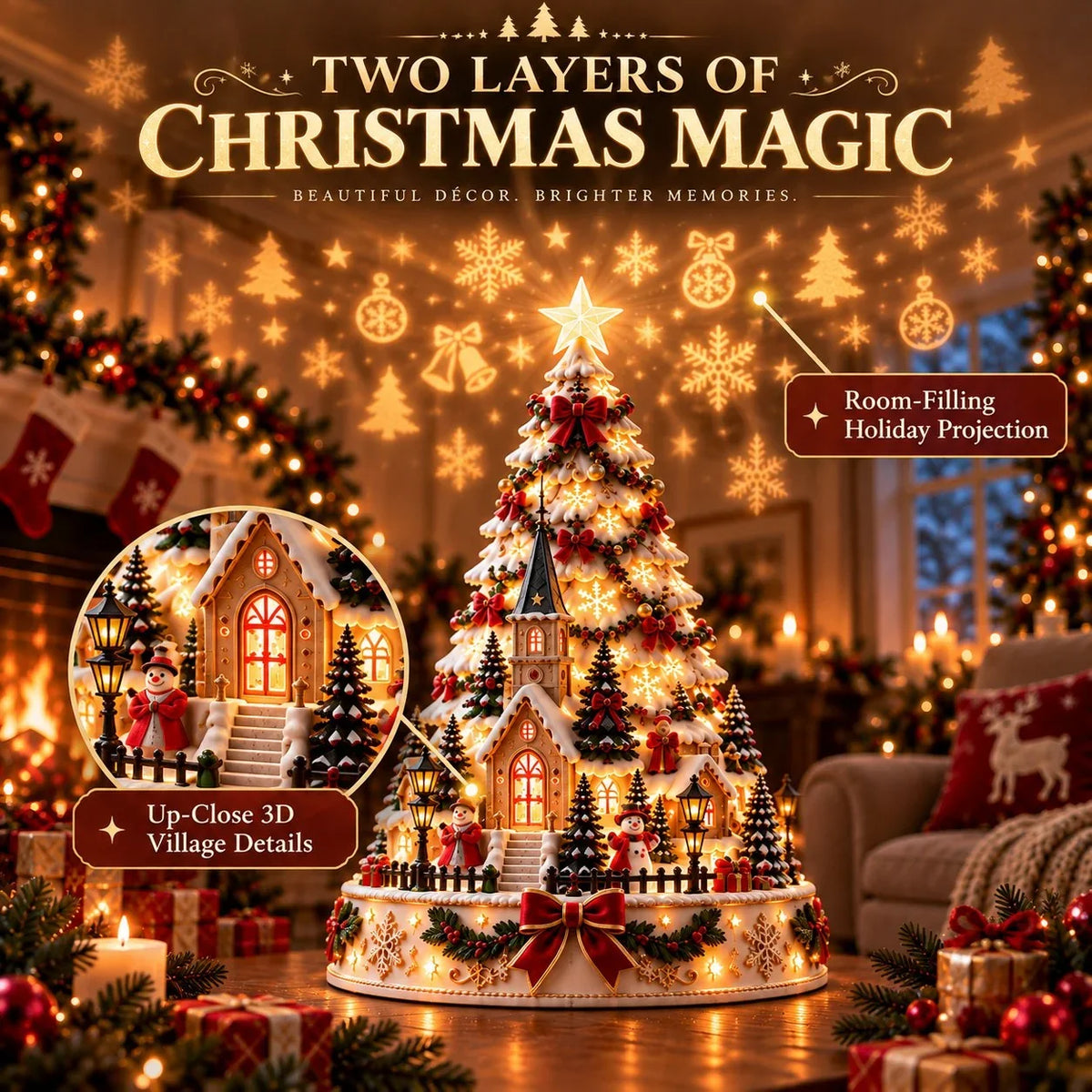 Merrin Christmas Village Tree | Warm Ivory, Red, Green, Antique Gold 5