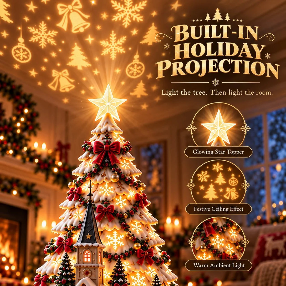 Merrin Christmas Village Tree | Warm Ivory, Red, Green, Antique Gold 6