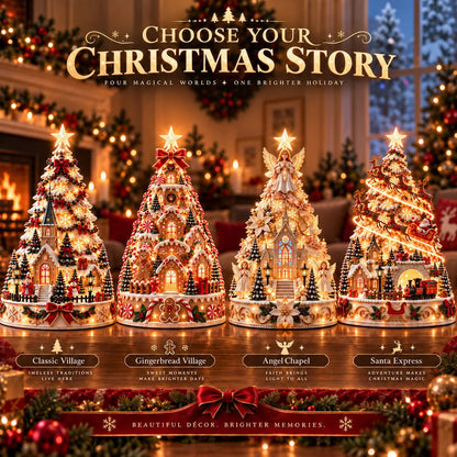 Merrin Christmas Village Tree | Warm Ivory, Red, Green, Antique Gold 7