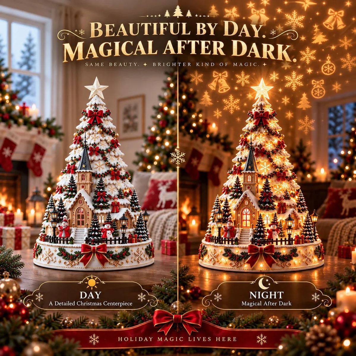 Merrin Christmas Village Tree | Warm Ivory, Red, Green, Antique Gold 8