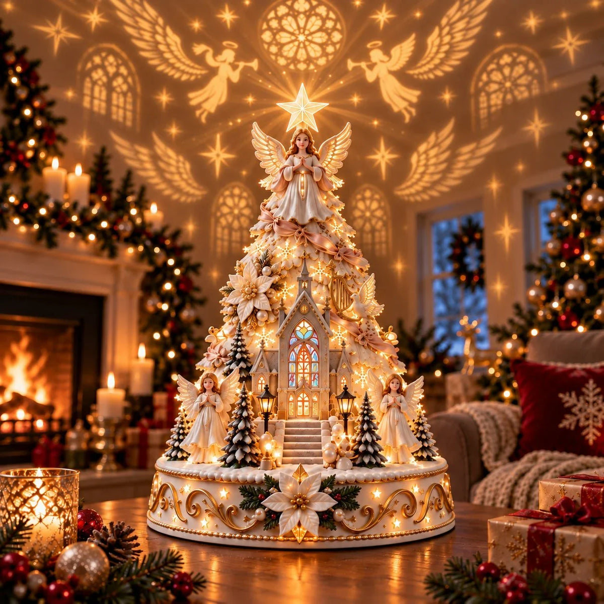 Merrin Christmas Village Tree | Warm Ivory, Red, Green, Antique Gold 9