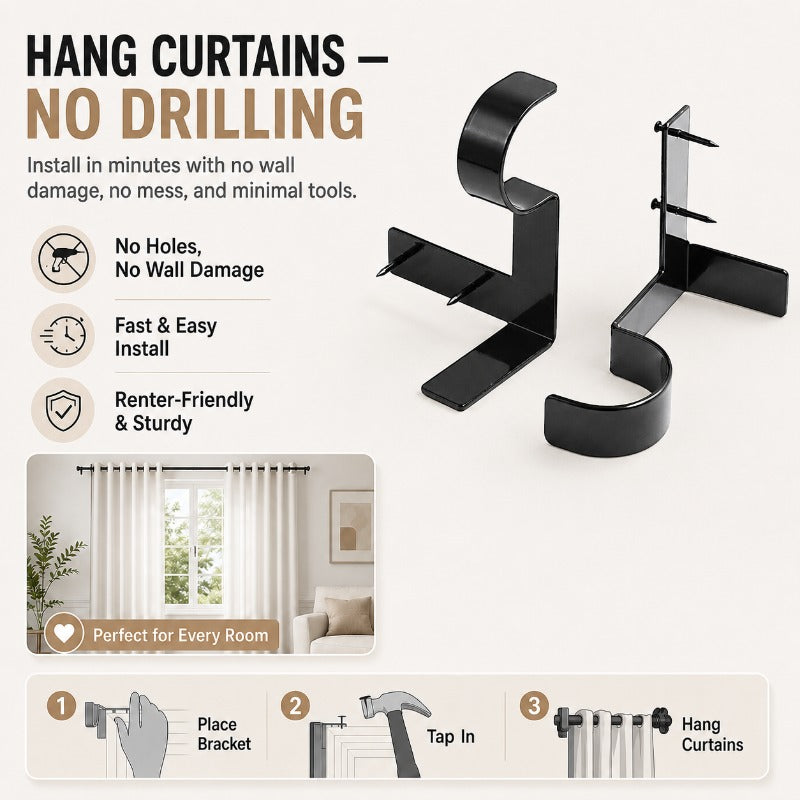 Mira Curtain Rod Brackets | No-Drill Metal, Damage-Free Installation 0