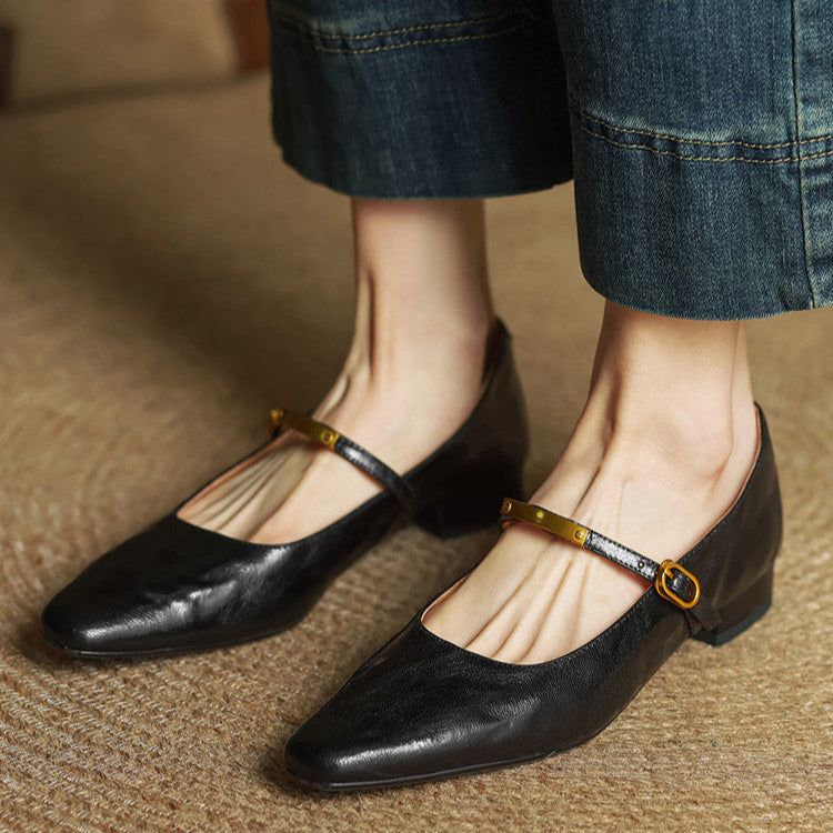 Arrivo — Genuine Leather Mary Jane Pumps with Metal-Bit Accent