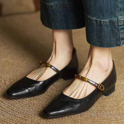 Arrivo — Genuine Leather Mary Jane Pumps with Metal-Bit Accent