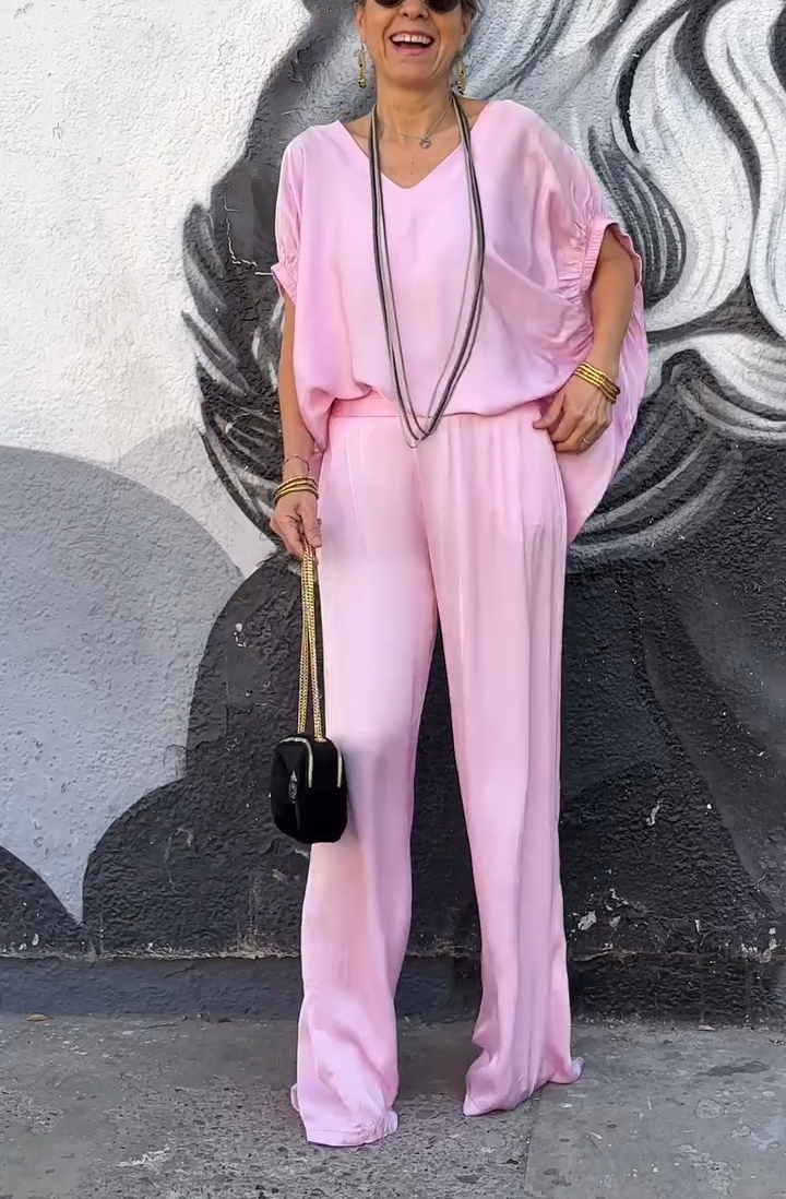 Oriana Satin Two-Piece Set | Oversized V-Neck Top & Wide-Leg Pants 1