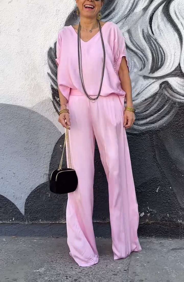 Oriana Satin Two-Piece Set | Oversized V-Neck Top & Wide-Leg Pants 2