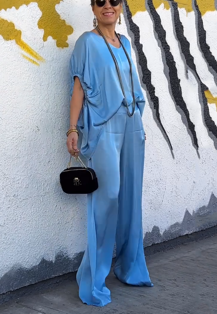 Oriana Satin Two-Piece Set | Oversized V-Neck Top & Wide-Leg Pants 5