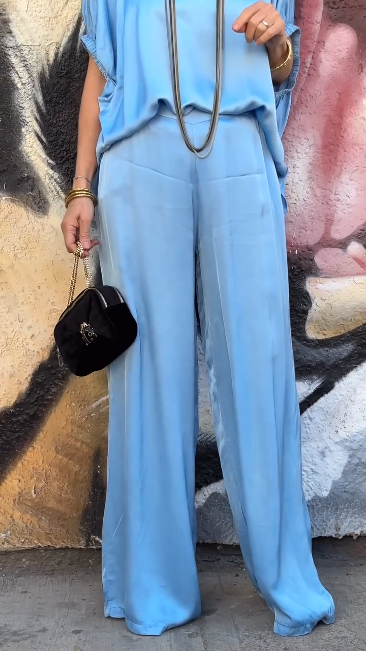 Oriana Satin Two-Piece Set | Oversized V-Neck Top & Wide-Leg Pants 7