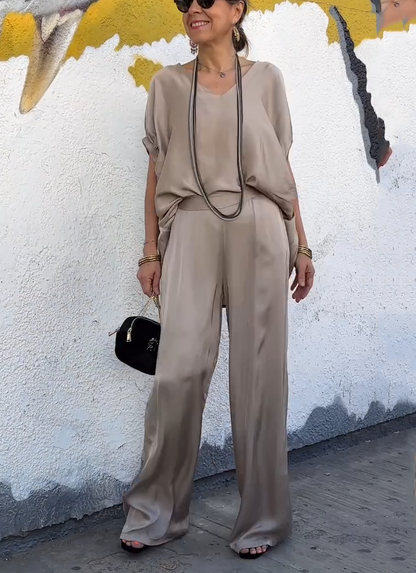 Oriana Satin Two-Piece Set | Oversized V-Neck Top & Wide-Leg Pants 8