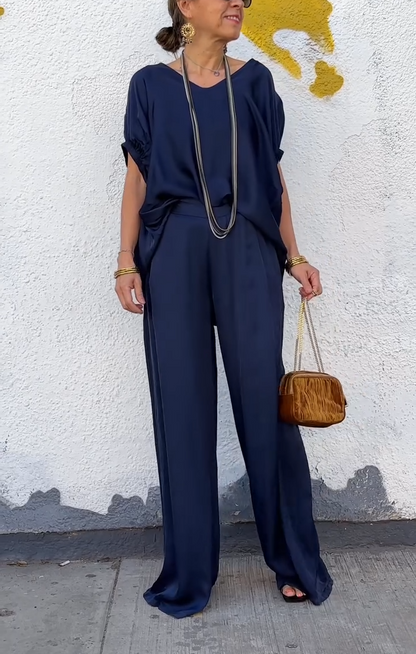 Oriana Satin Two-Piece Set | Oversized V-Neck Top & Wide-Leg Pants 9