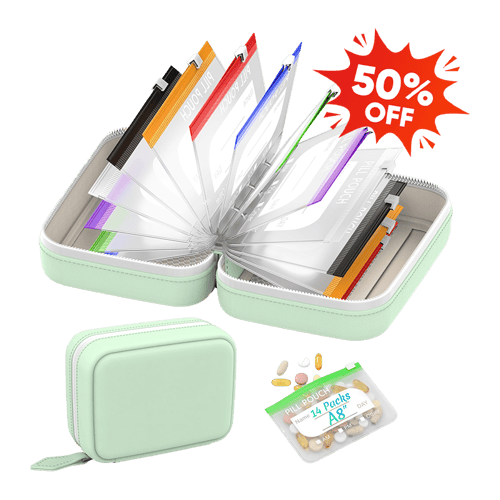 Pilo Weekly Pill Organizer | Waterproof, Color-Coded Travel Case with 14 Pouches 0