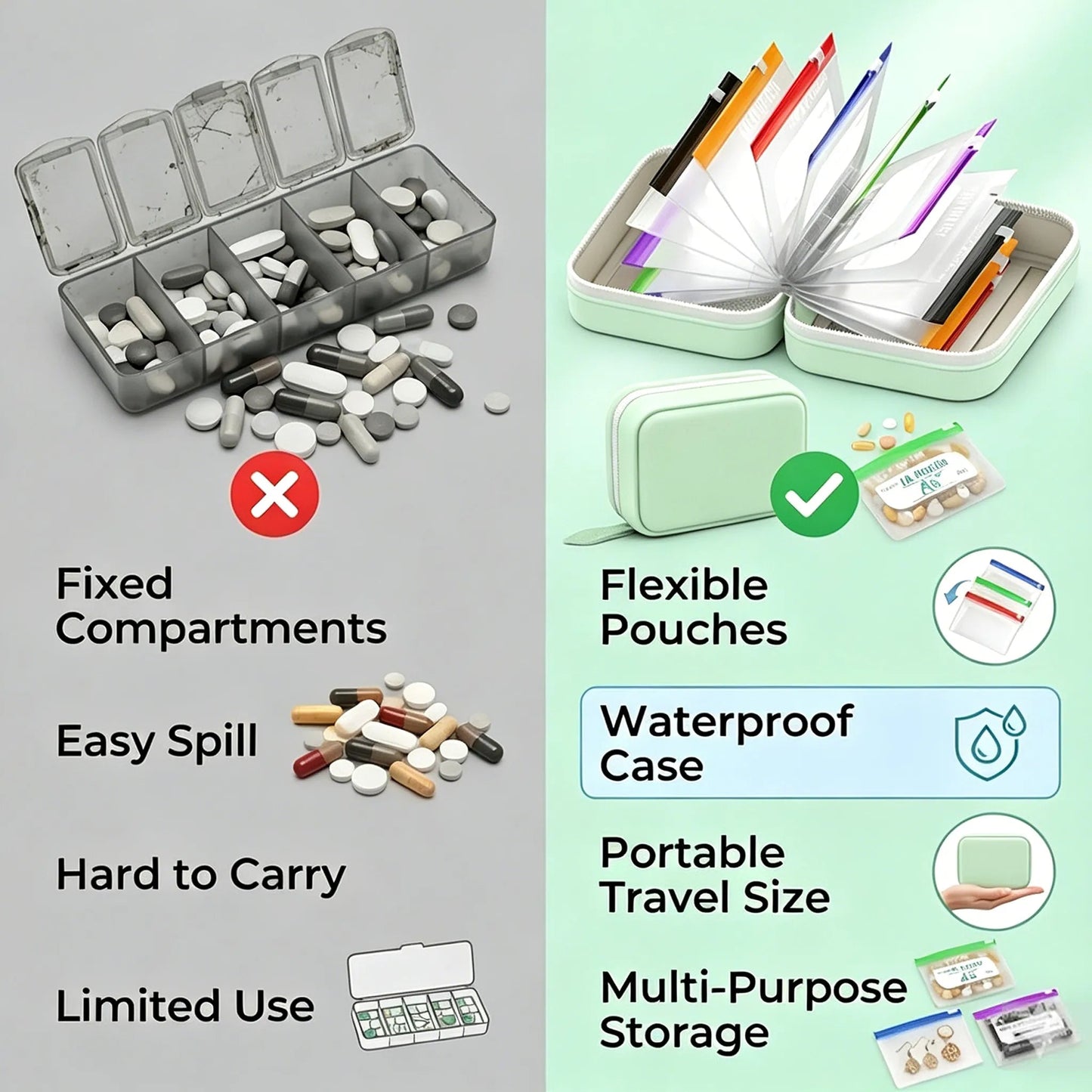Pilo Weekly Pill Organizer | Waterproof, Color-Coded Travel Case with 14 Pouches 2