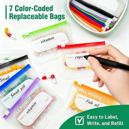 Pilo Weekly Pill Organizer | Waterproof, Color-Coded Travel Case with 14 Pouches 4