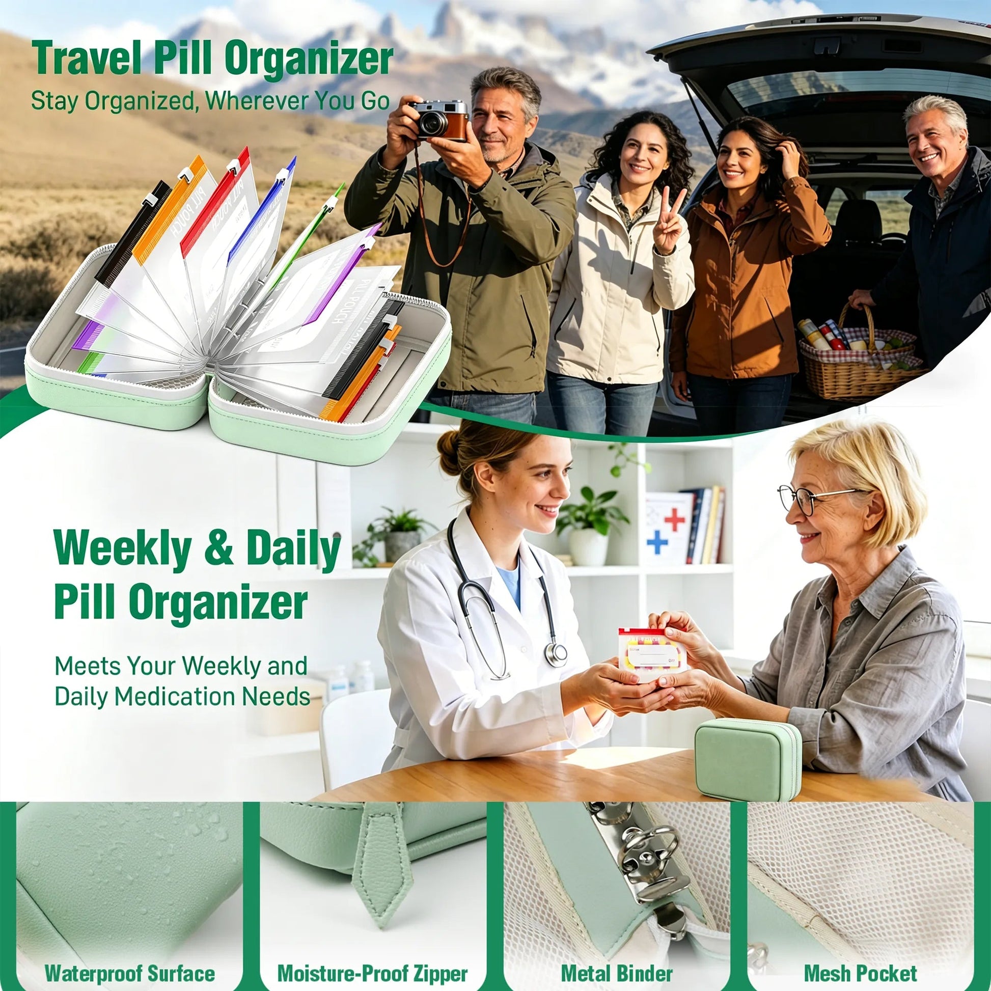 Pilo Weekly Pill Organizer | Waterproof, Color-Coded Travel Case with 14 Pouches 7