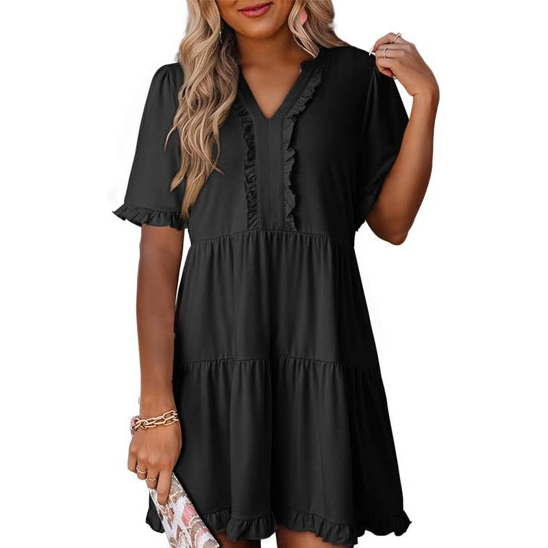 Ravina Women's Dress | V-Neck Ruffle A-Line Summer Dress in Black