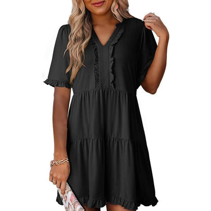 Ravina Women's Dress | V-Neck Ruffle A-Line Summer Dress in Black 0