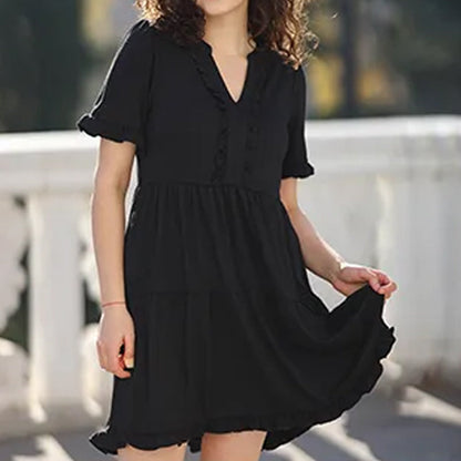 Ravina Women's Dress | V-Neck Ruffle A-Line Summer Dress in Black 7
