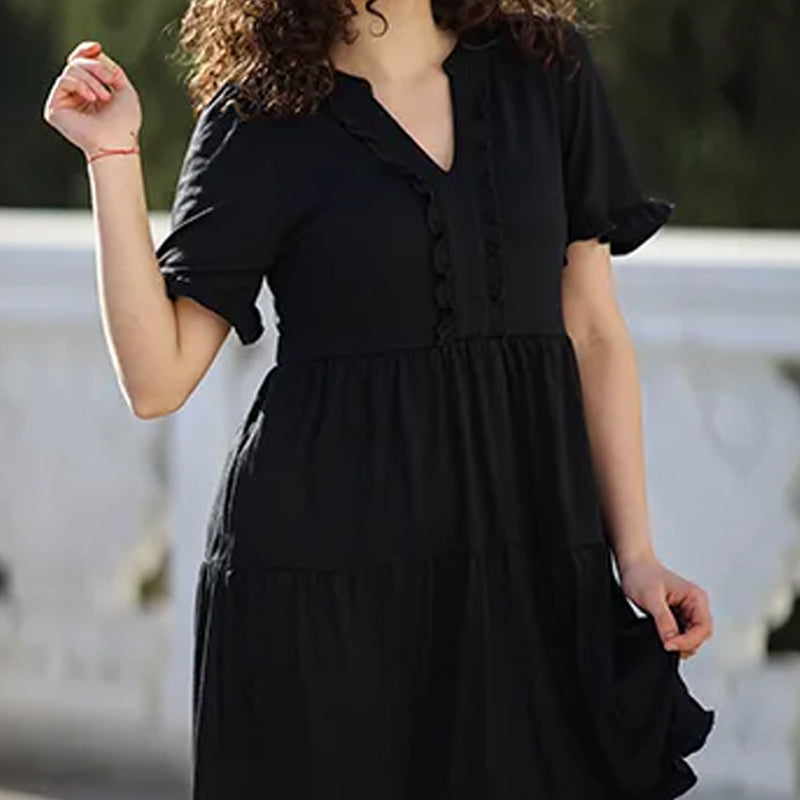 Ravina Women's Dress | V-Neck Ruffle A-Line Summer Dress in Black 8