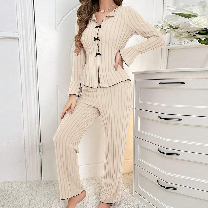 Rina Ribbed Pajama Set | Elegant Lapel Collar, Flared Sleeves 1