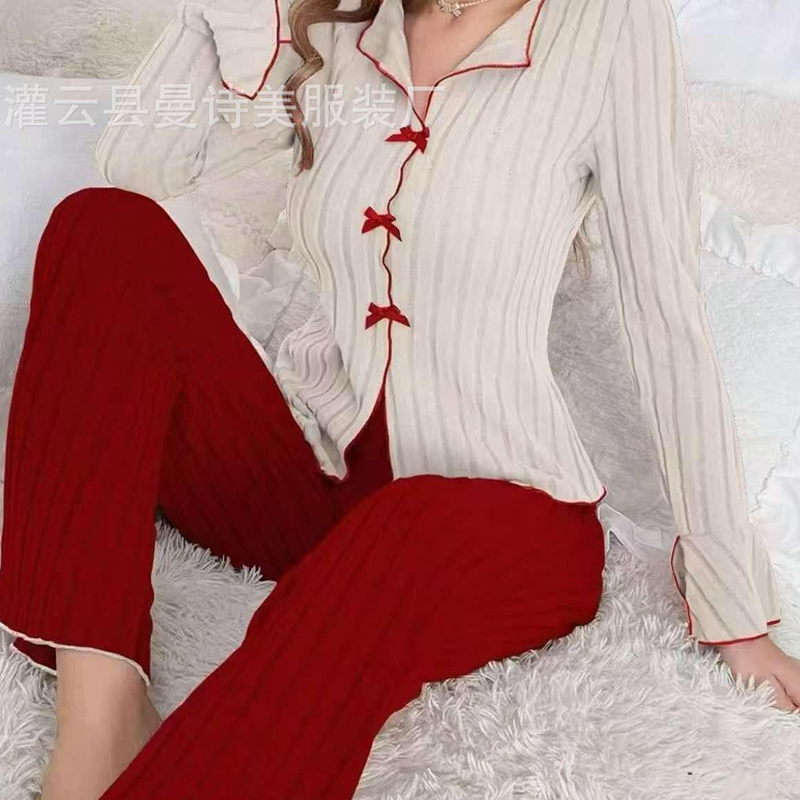 Rina Ribbed Pajama Set | Elegant Lapel Collar, Flared Sleeves 10