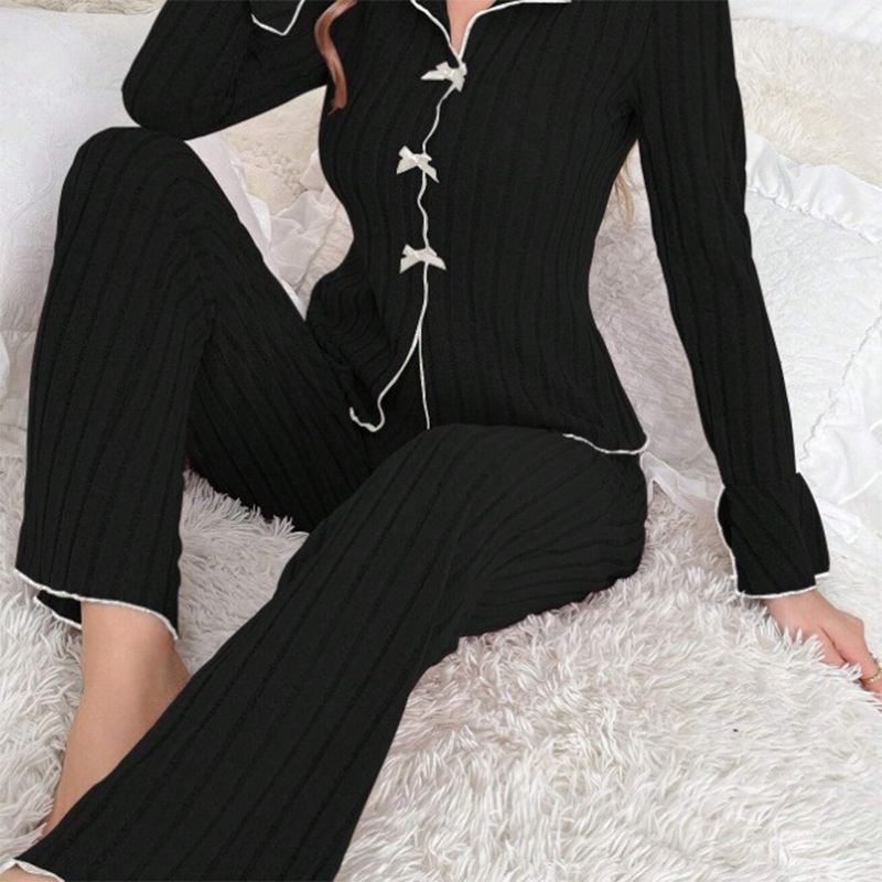 Rina Ribbed Pajama Set | Elegant Lapel Collar, Flared Sleeves 3