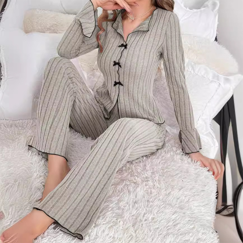 Rina Ribbed Pajama Set | Elegant Lapel Collar, Flared Sleeves 5