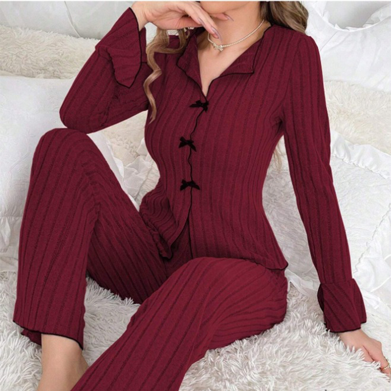Rina Ribbed Pajama Set | Elegant Lapel Collar, Flared Sleeves 9
