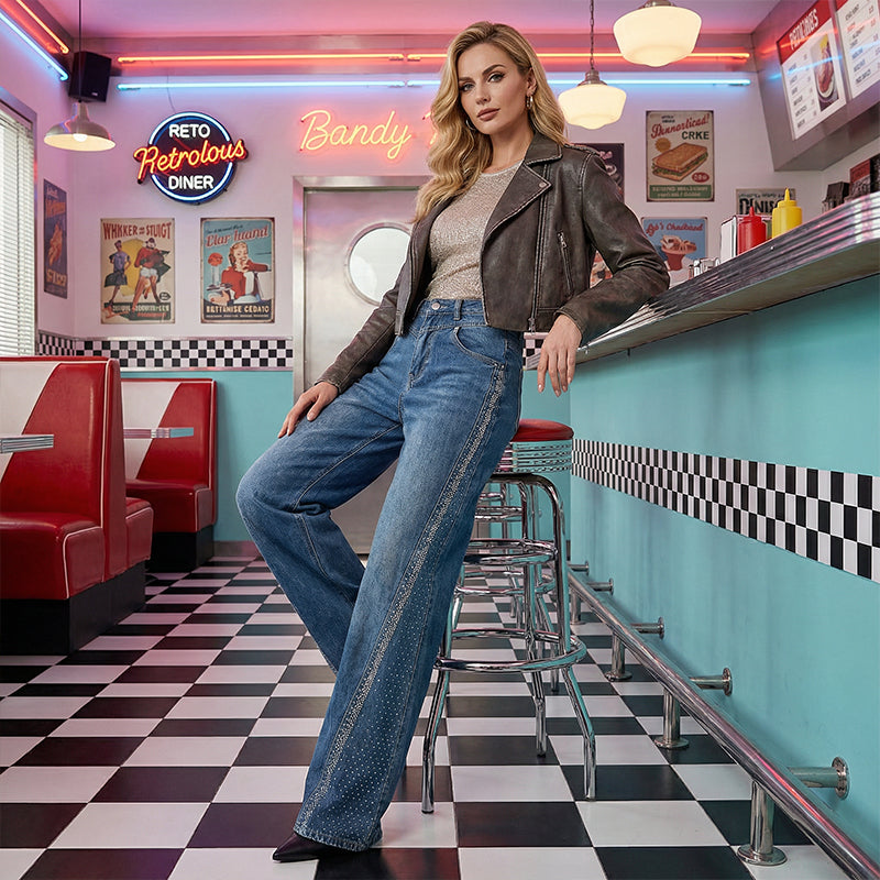 Rina Wide-Leg Jeans | Rhinestone Embellished, High-Waist 4