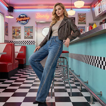 Rina Wide-Leg Jeans | Rhinestone Embellished, High-Waist 4