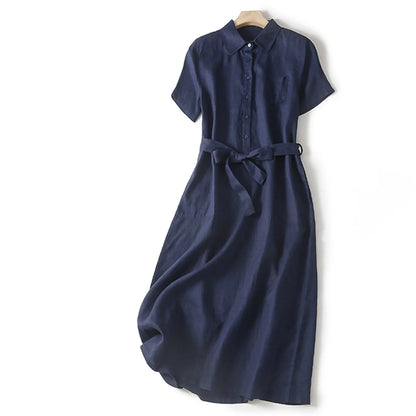 Elara Linen Midi Dress — Breathable Collared Dress with Adjustable Belt