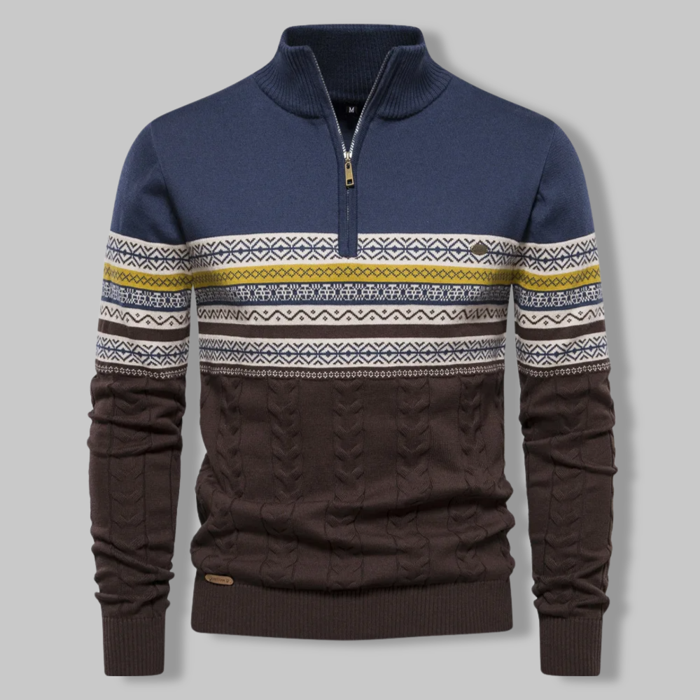 Liron — Pull homme bicolore en maille torsadée avec demi-fermeture éclair