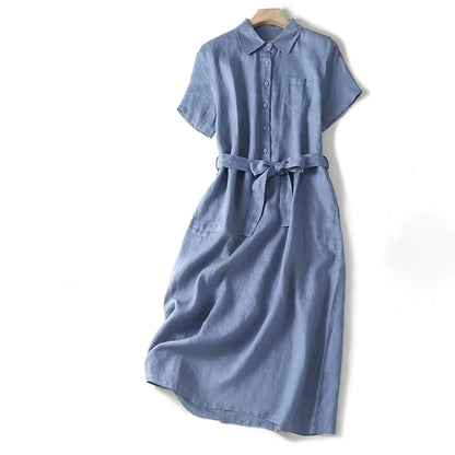 Elara Linen Midi Dress — Breathable Collared Dress with Adjustable Belt