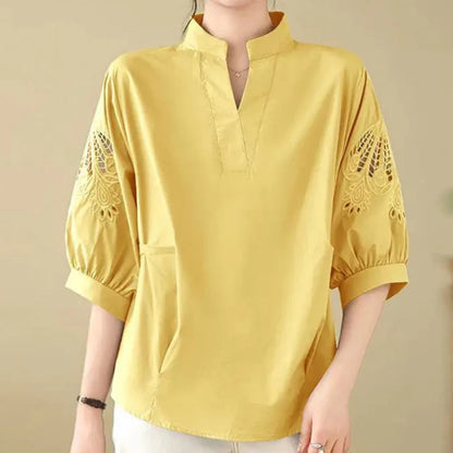 Elara — Lightweight Linen Blend Top with Embroidered Floral Sleeves