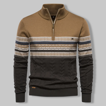 Liron — Pull homme bicolore en maille torsadée avec demi-fermeture éclair