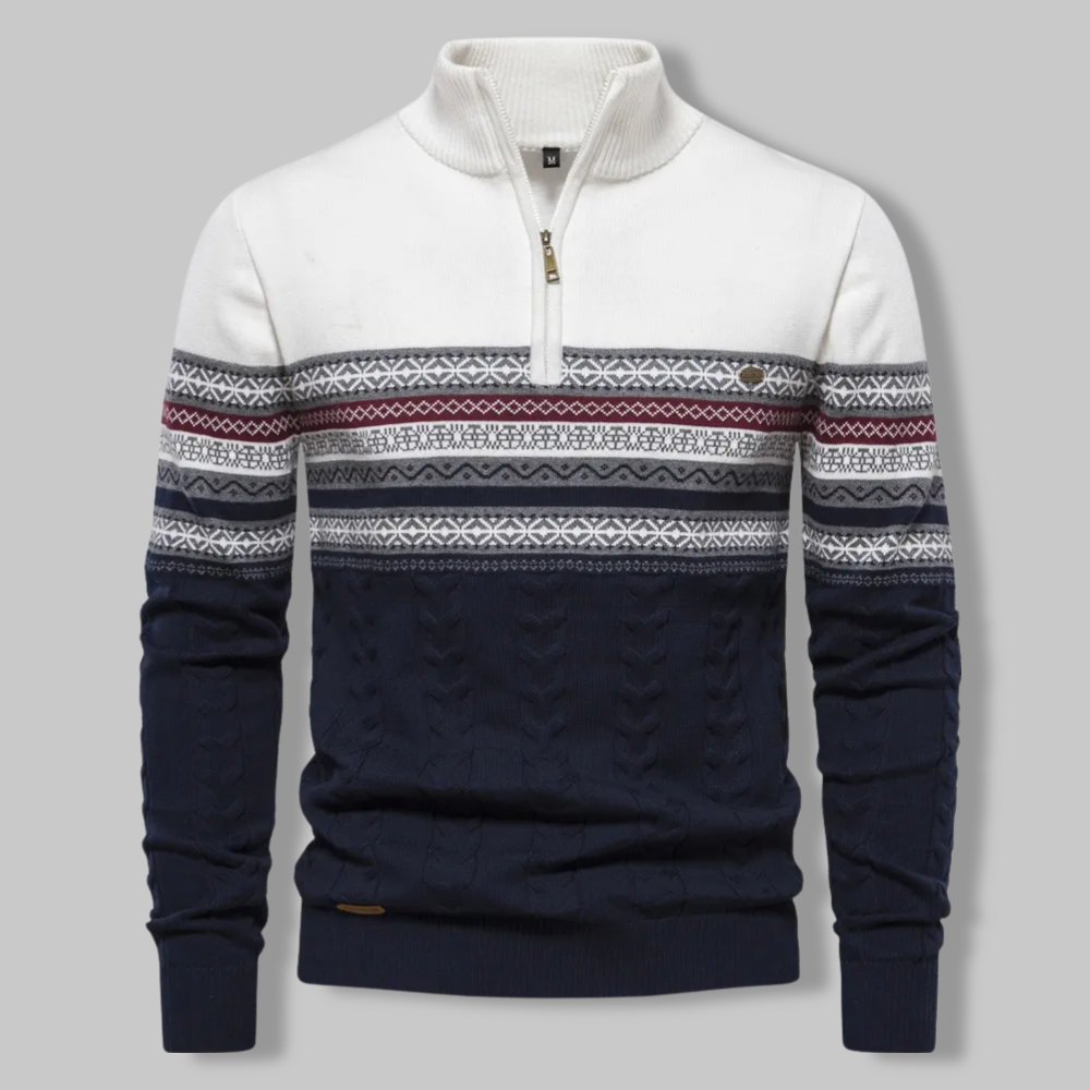 Liron — Pull homme bicolore en maille torsadée avec demi-fermeture éclair