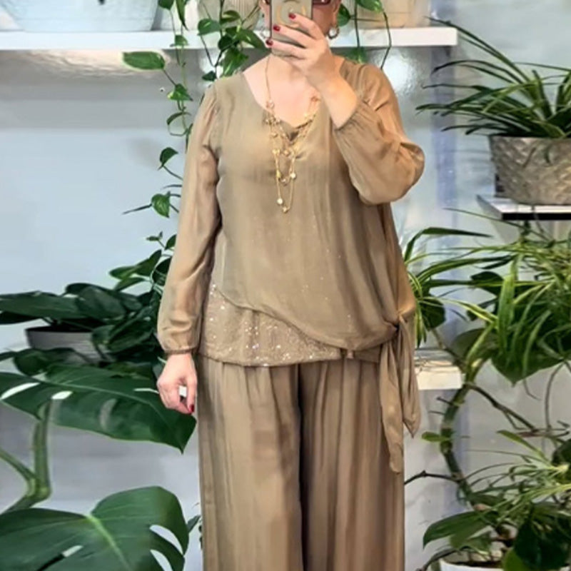 Sera Women's Set | Sequin Blouse & Wide-Leg Pants, Elegant Two Piece Set