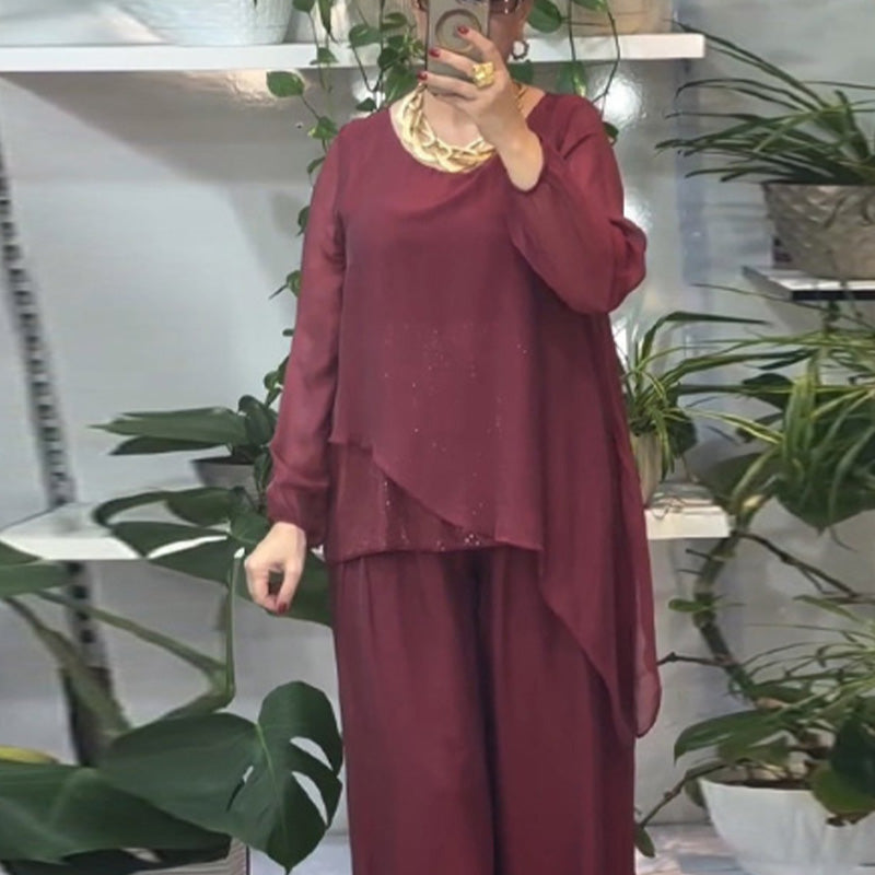 Sera Women's Set | Sequin Blouse & Wide-Leg Pants, Elegant Two Piece Set 10