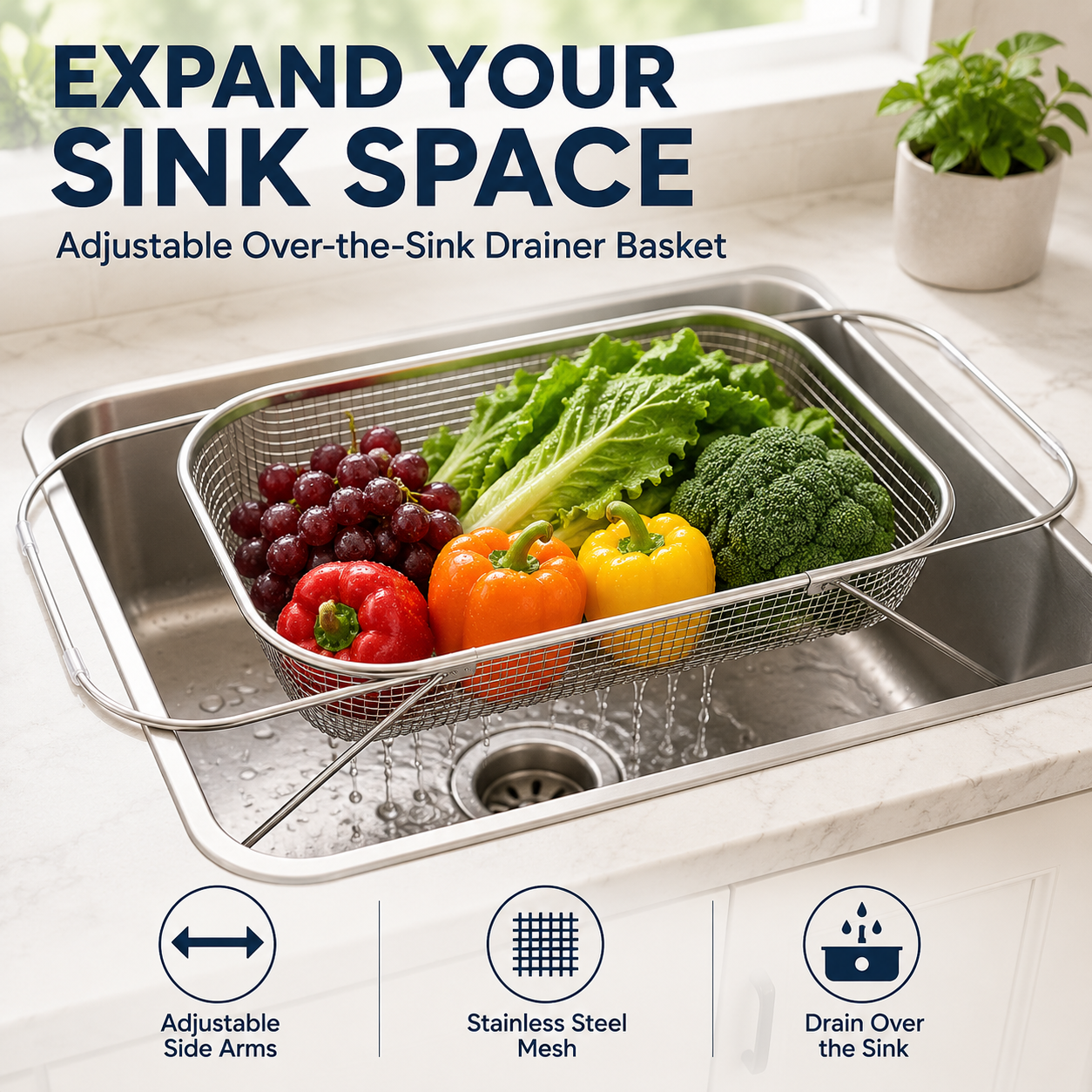 Silo Drainer Basket | Adjustable Stainless Steel Sink Drying Rack 1