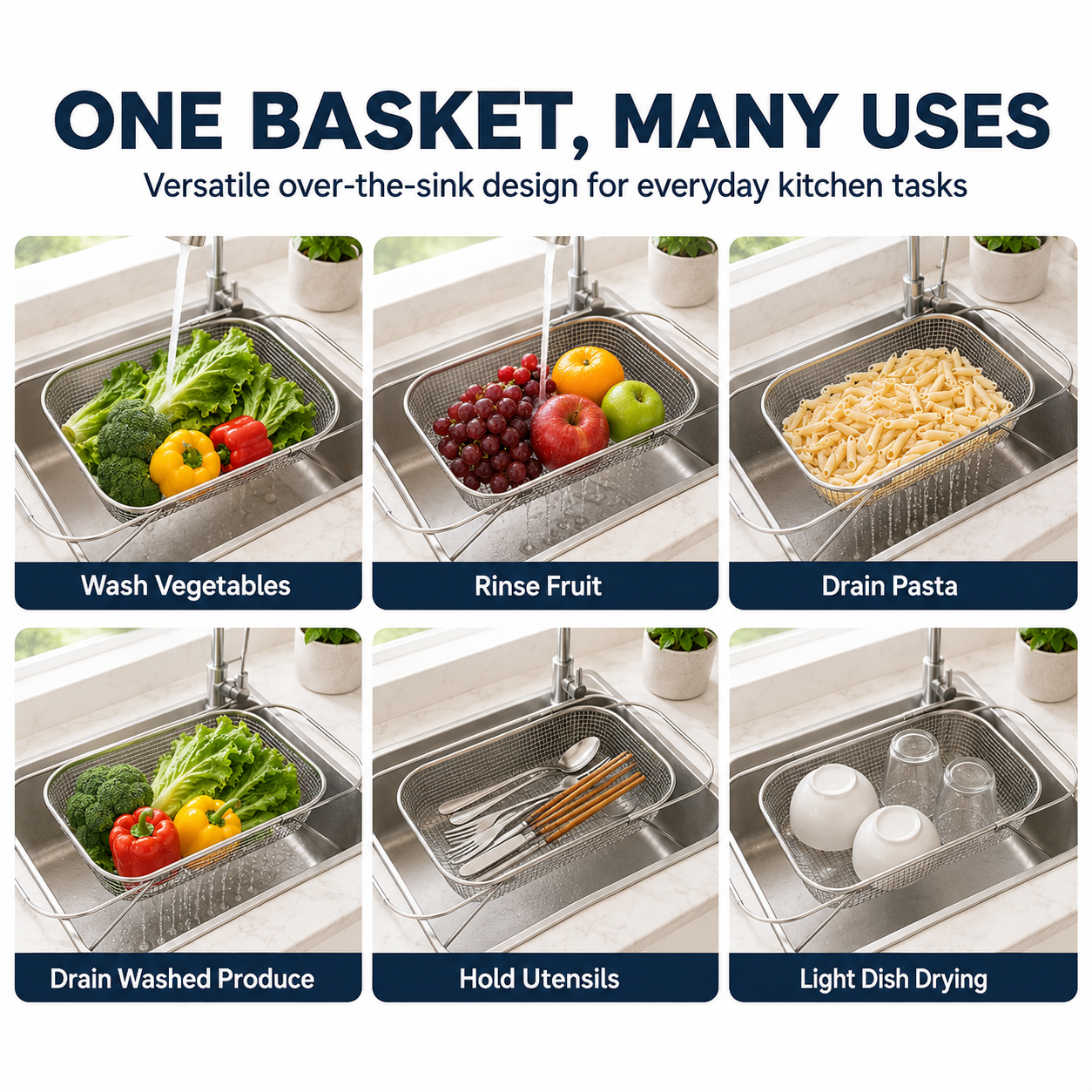 Silo Drainer Basket | Adjustable Stainless Steel Sink Drying Rack 7