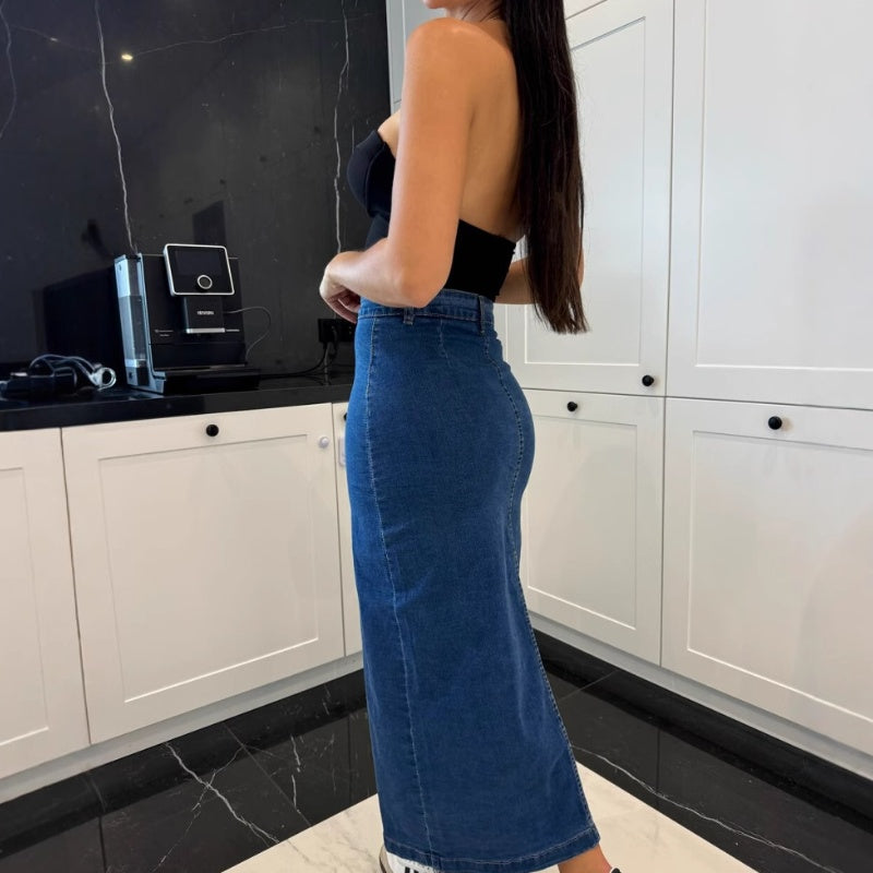 Sleek Denim Skirt | Button Closure, Bodycon Fit 2